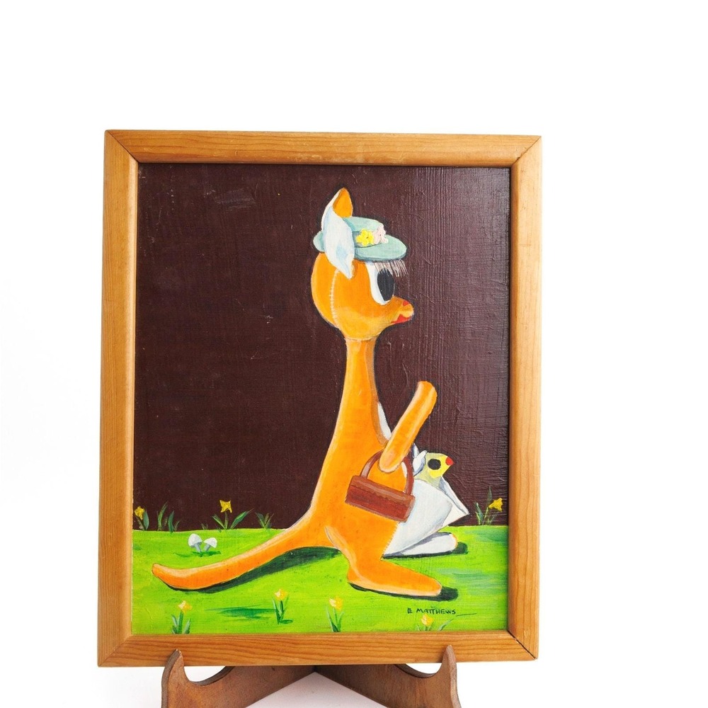 Vintage Kangaroo Art Original Painting 1960s Colorful Mid-Century